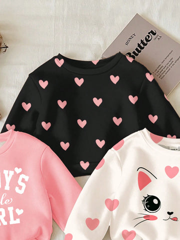 Cute Heart & Cartoon Cat Print Young Girls Casual Loose Fit Crew Neck Comfortable Knit Long Sleeve Sweatshirt, Suitable For Autumn And Winter