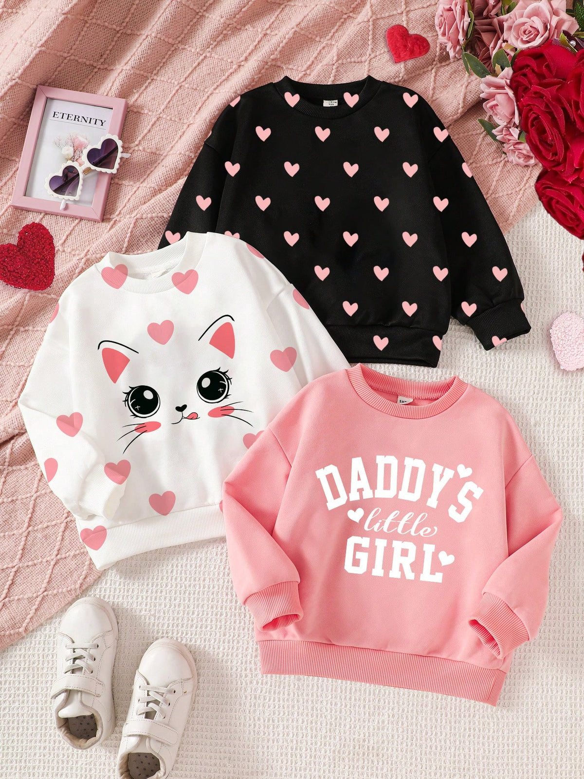 Cute Heart & Cartoon Cat Print Young Girls Casual Loose Fit Crew Neck Comfortable Knit Long Sleeve Sweatshirt, Suitable For Autumn And Winter