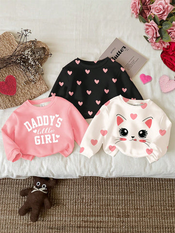 Cute Heart & Cartoon Cat Print Young Girls Casual Loose Fit Crew Neck Comfortable Knit Long Sleeve Sweatshirt, Suitable For Autumn And Winter