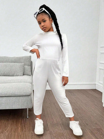 Cute Solid Color Casual Rompers For Young Girl, Stretchy Breathable Fabric, Simple Yet Stylish Design, Suitable For Commute And Daily Wear, Autumn/Winter