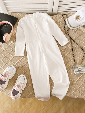 Cute Solid Color Casual Rompers For Young Girl, Stretchy Breathable Fabric, Simple Yet Stylish Design, Suitable For Commute And Daily Wear, Autumn/Winter