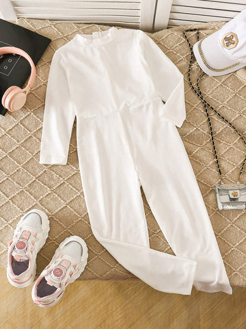 Cute Solid Color Casual Rompers For Young Girl, Stretchy Breathable Fabric, Simple Yet Stylish Design, Suitable For Commute And Daily Wear, Autumn/Winter