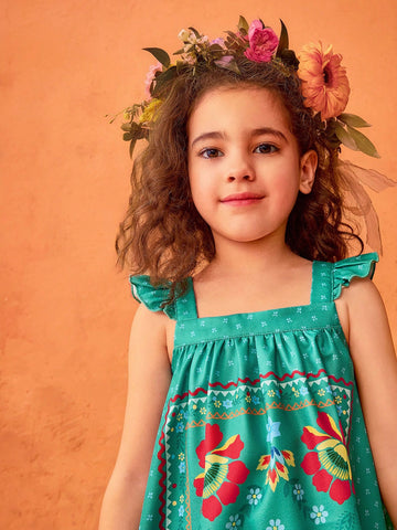 Young Girl Floral Pattern Cap Sleeve Summer Vacation Dress