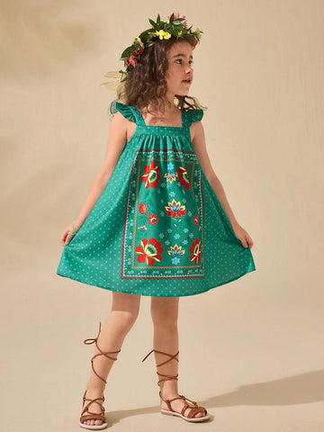 Young Girl Floral Pattern Cap Sleeve Summer Vacation Dress