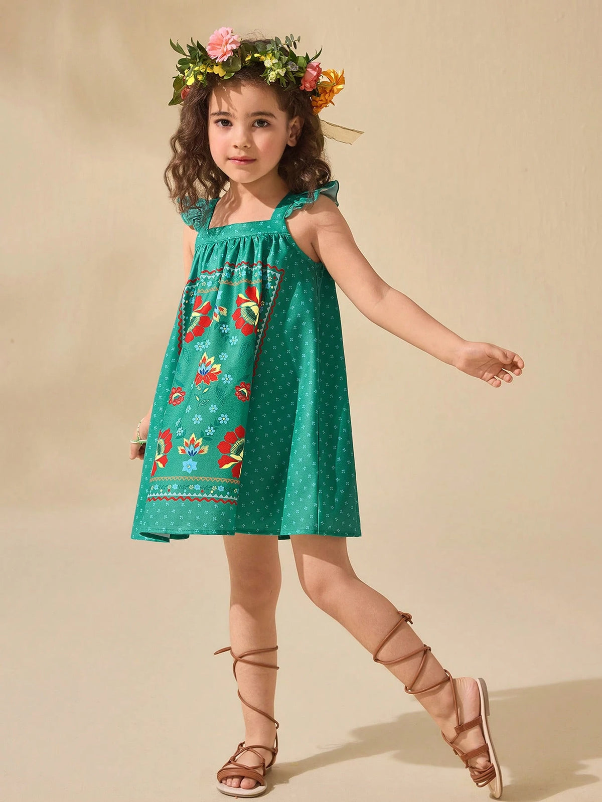 Young Girl Floral Pattern Cap Sleeve Summer Vacation Dress