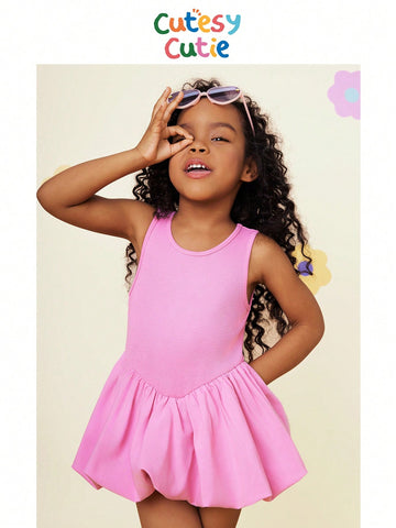 Young Girl Solid Color Knit Round Neck Patchwork Woven Fitted Dress