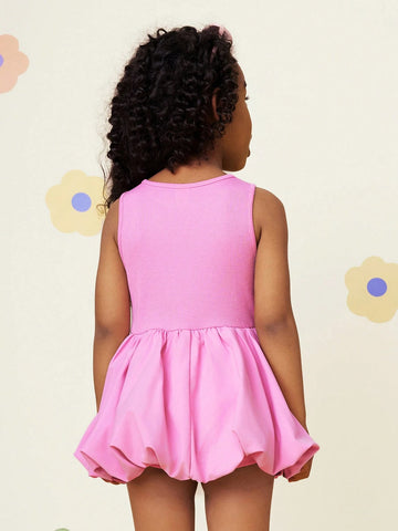 Young Girl Solid Color Knit Round Neck Patchwork Woven Fitted Dress