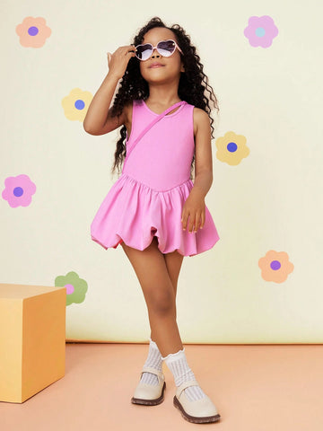 Young Girl Solid Color Knit Round Neck Patchwork Woven Fitted Dress