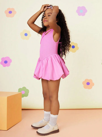 Young Girl Solid Color Knit Round Neck Patchwork Woven Fitted Dress