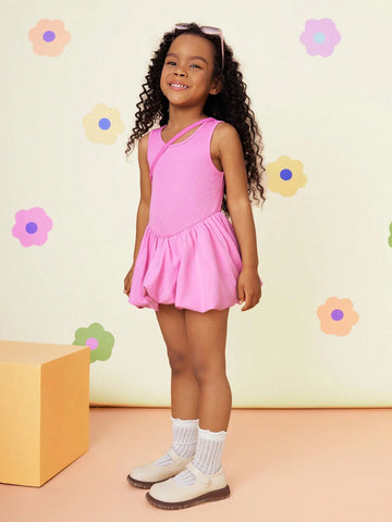 Young Girl Solid Color Knit Round Neck Patchwork Woven Fitted Dress