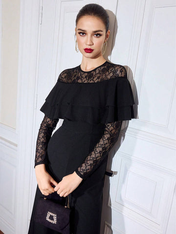 1pc Retro Elegant Daily Wear Jumpsuit, Fitted Lace Patchwork, Black Long Sleeve With Ruffle Trim Decor Thanksgiving Women Outfit Hollowed Costumes Masquerade Ball Dress Sexy Jumpsuit Outfits Concert