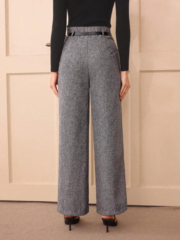 ECDS 1pc Retro Elegant Women High Waist Grey Casual/Office Straight Leg Pants With Belt Homecoming Vintage Brunch Women Outfit Women Clothing
