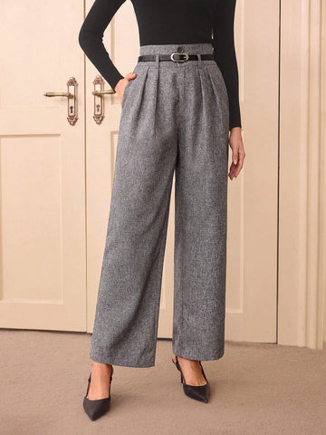 ECDS 1pc Retro Elegant Women High Waist Grey Casual/Office Straight Leg Pants With Belt Homecoming Vintage Brunch Women Outfit Women Clothing