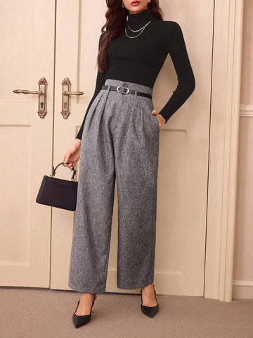 ECDS 1pc Retro Elegant Women High Waist Grey Casual/Office Straight Leg Pants With Belt Homecoming Vintage Brunch Women Outfit Women Clothing