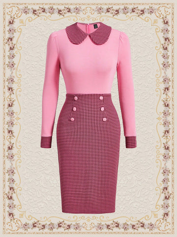 Contrast Grid Pattern Peter Pan Collar & Cuff Fitted T-Shirt And Skirt Set