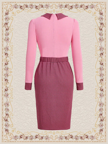 Contrast Grid Pattern Peter Pan Collar & Cuff Fitted T-Shirt And Skirt Set