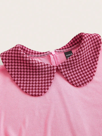 Contrast Grid Pattern Peter Pan Collar & Cuff Fitted T-Shirt And Skirt Set