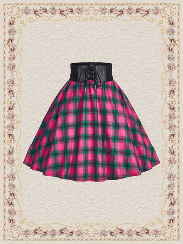 DECDS Country Style Loose Gingham Print Umbrella Skirt, Spring/Summer