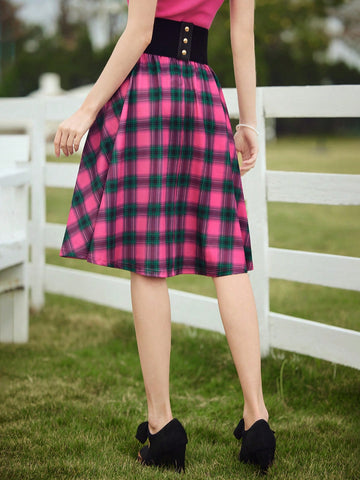 DECDS Country Style Loose Gingham Print Umbrella Skirt, Spring/Summer