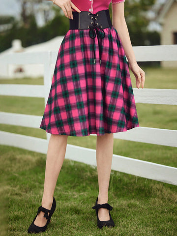 DECDS Country Style Loose Gingham Print Umbrella Skirt, Spring/Summer