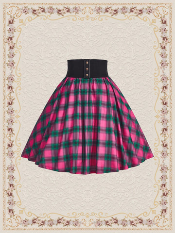 DECDS Country Style Loose Gingham Print Umbrella Skirt, Spring/Summer