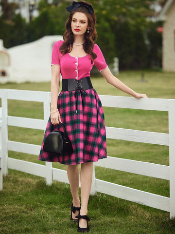 DECDS Country Style Loose Gingham Print Umbrella Skirt, Spring/Summer