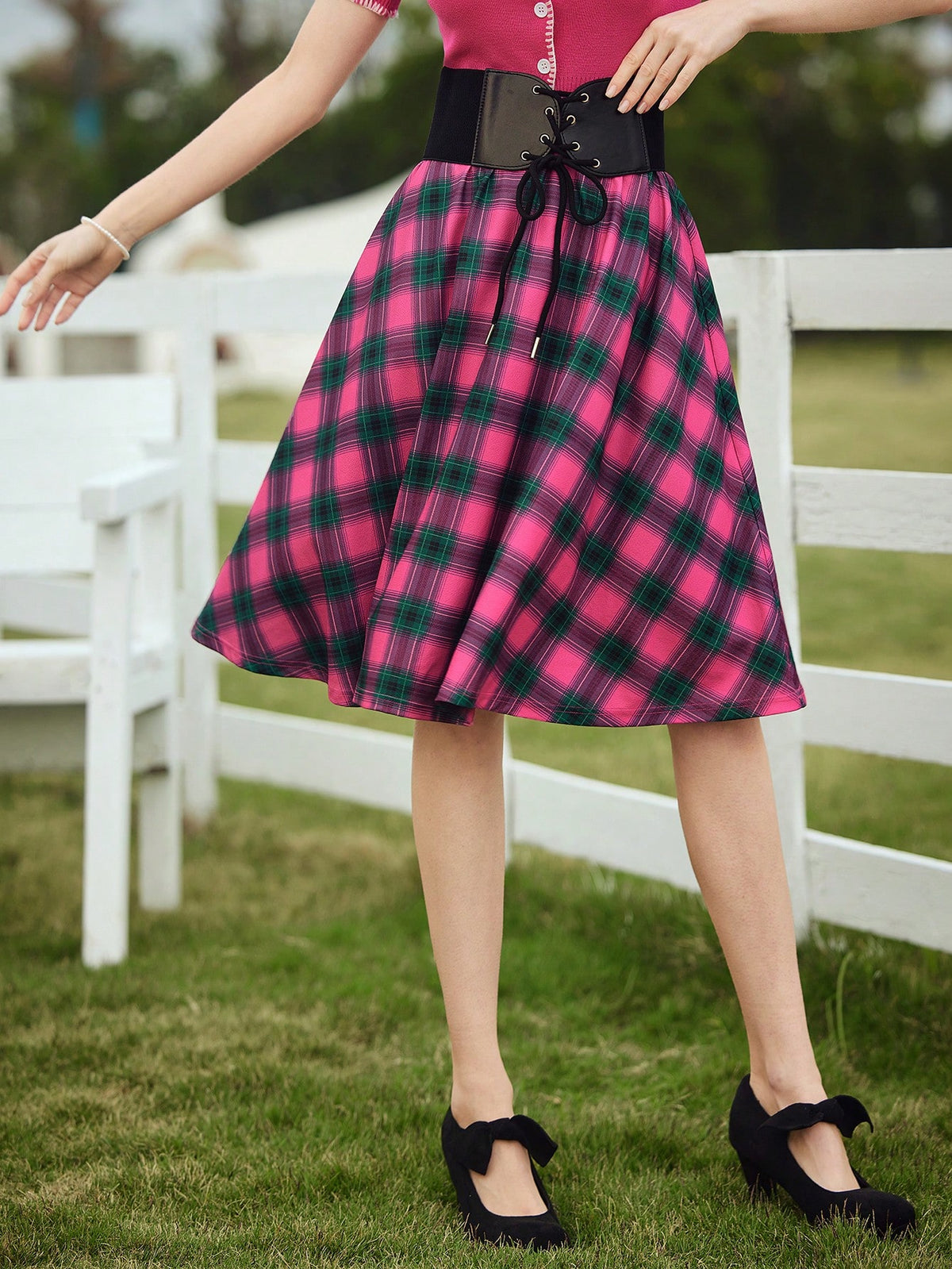 DECDS Country Style Loose Gingham Print Umbrella Skirt, Spring/Summer