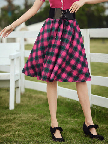 DECDS Country Style Loose Gingham Print Umbrella Skirt, Spring/Summer