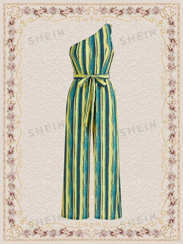 One Shoulder Sleeveless Striped Wide Leg Jumpsuit