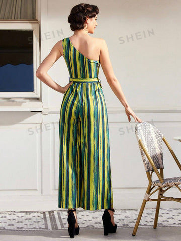 One Shoulder Sleeveless Striped Wide Leg Jumpsuit