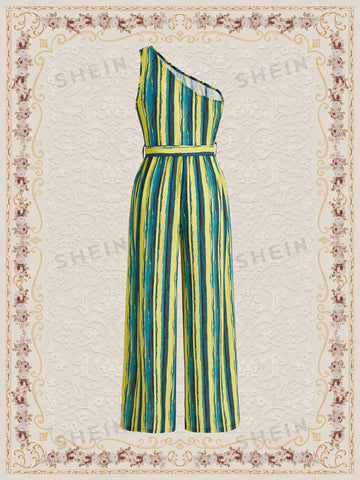 One Shoulder Sleeveless Striped Wide Leg Jumpsuit