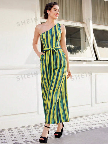 One Shoulder Sleeveless Striped Wide Leg Jumpsuit