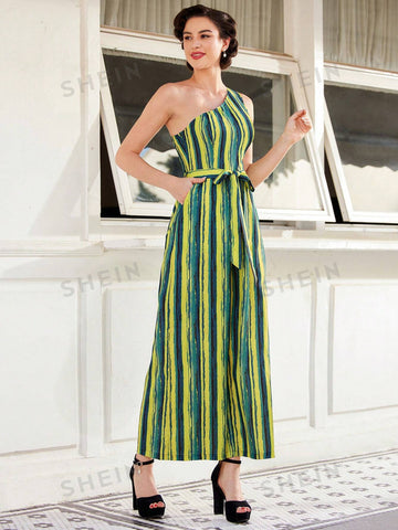 One Shoulder Sleeveless Striped Wide Leg Jumpsuit