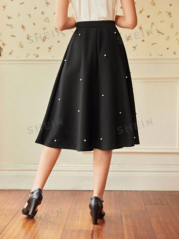 DECDS Pearls Beaded Flare Skirt Club Women Outfits Concert Summer Women Long Skirt Summer Skirt Vi