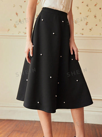 DECDS Pearls Beaded Flare Skirt Club Women Outfits Concert Summer Women Long Skirt Summer Skirt Vi