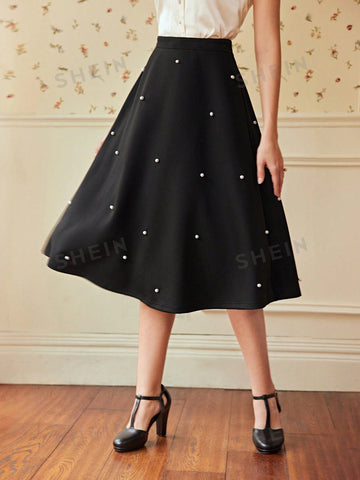 DECDS Pearls Beaded Flare Skirt Club Women Outfits Concert Summer Women Long Skirt Summer Skirt Vi