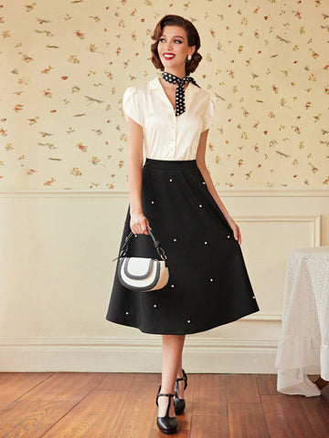 DECDS Pearls Beaded Flare Skirt Club Women Outfits Concert Summer Women Long Skirt Summer Skirt Vi