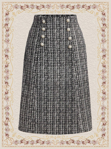 DECDS Plaid Pattern Double Breasted Tweed Skirt Concert Long Skirt Vintage Clothes Winter Women Clothes