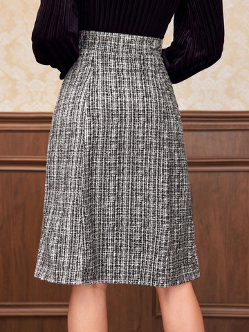 DECDS Plaid Pattern Double Breasted Tweed Skirt Concert Long Skirt Vintage Clothes Winter Women Clothes