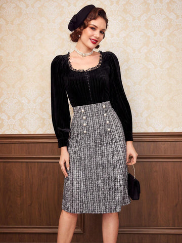 DECDS Plaid Pattern Double Breasted Tweed Skirt Concert Long Skirt Vintage Clothes Winter Women Clothes