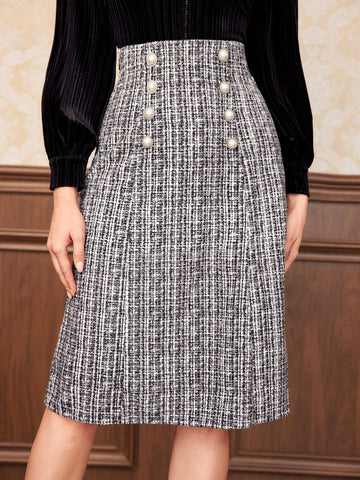 DECDS Plaid Pattern Double Breasted Tweed Skirt Concert Long Skirt Vintage Clothes Winter Women Clothes