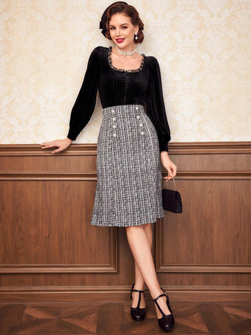 DECDS Plaid Pattern Double Breasted Tweed Skirt Concert Long Skirt Vintage Clothes Winter Women Clothes