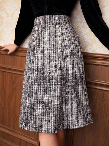 DECDS Plaid Pattern Double Breasted Tweed Skirt Concert Long Skirt Vintage Clothes Winter Women Clothes
