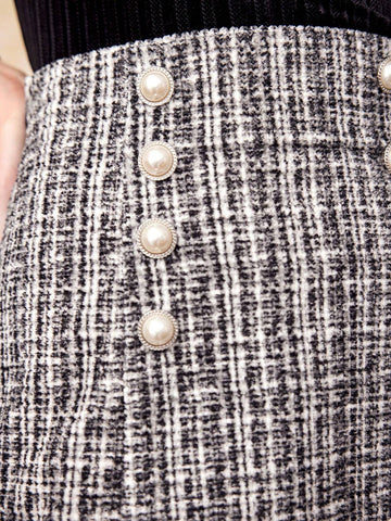 DECDS Plaid Pattern Double Breasted Tweed Skirt Concert Long Skirt Vintage Clothes Winter Women Clothes