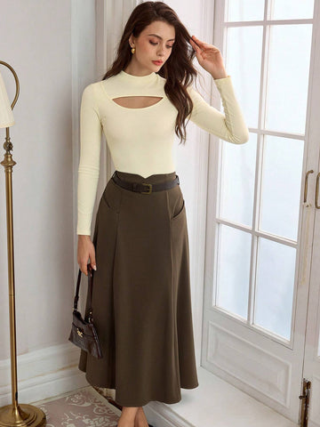 DECDS Retro Elegant Women Skirt With Pockets Belt Decor Umbrella Hem Skirt Coffee Color