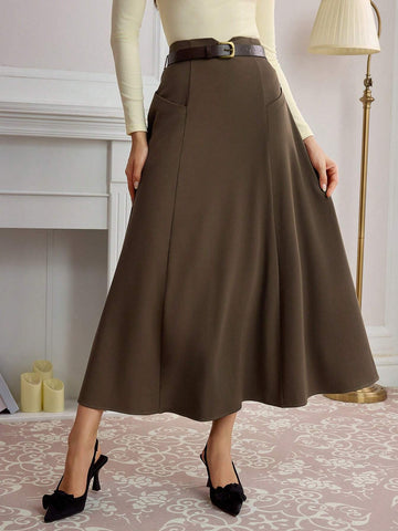 DECDS Retro Elegant Women Skirt With Pockets Belt Decor Umbrella Hem Skirt Coffee Color