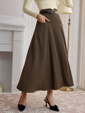 DECDS Retro Elegant Women Skirt With Pockets Belt Decor Umbrella Hem Skirt Coffee Color