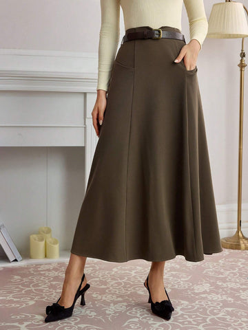 DECDS Retro Elegant Women Skirt With Pockets Belt Decor Umbrella Hem Skirt Coffee Color