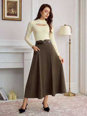 DECDS Retro Elegant Women Skirt With Pockets Belt Decor Umbrella Hem Skirt Coffee Color