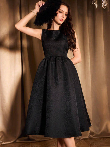 Retro Elegant Women's Fitted Tie Bow Midi Dress, Black Sleeveless Sundress With Trumpet Skirt